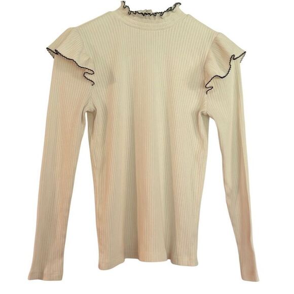 Loft pointelle white ribbed ruffle sleeve top size medium - Picture 2 of 9